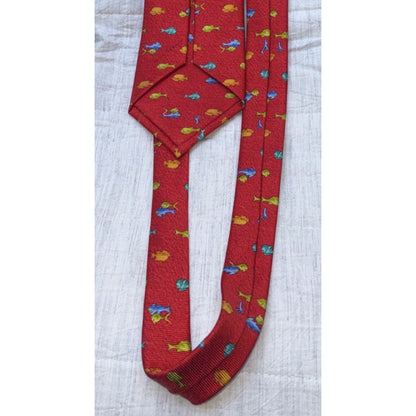 Bvlgari Red Silk 7 Fold Neck Tie with Yellow and Orange Fish Blue Dolphin Italy