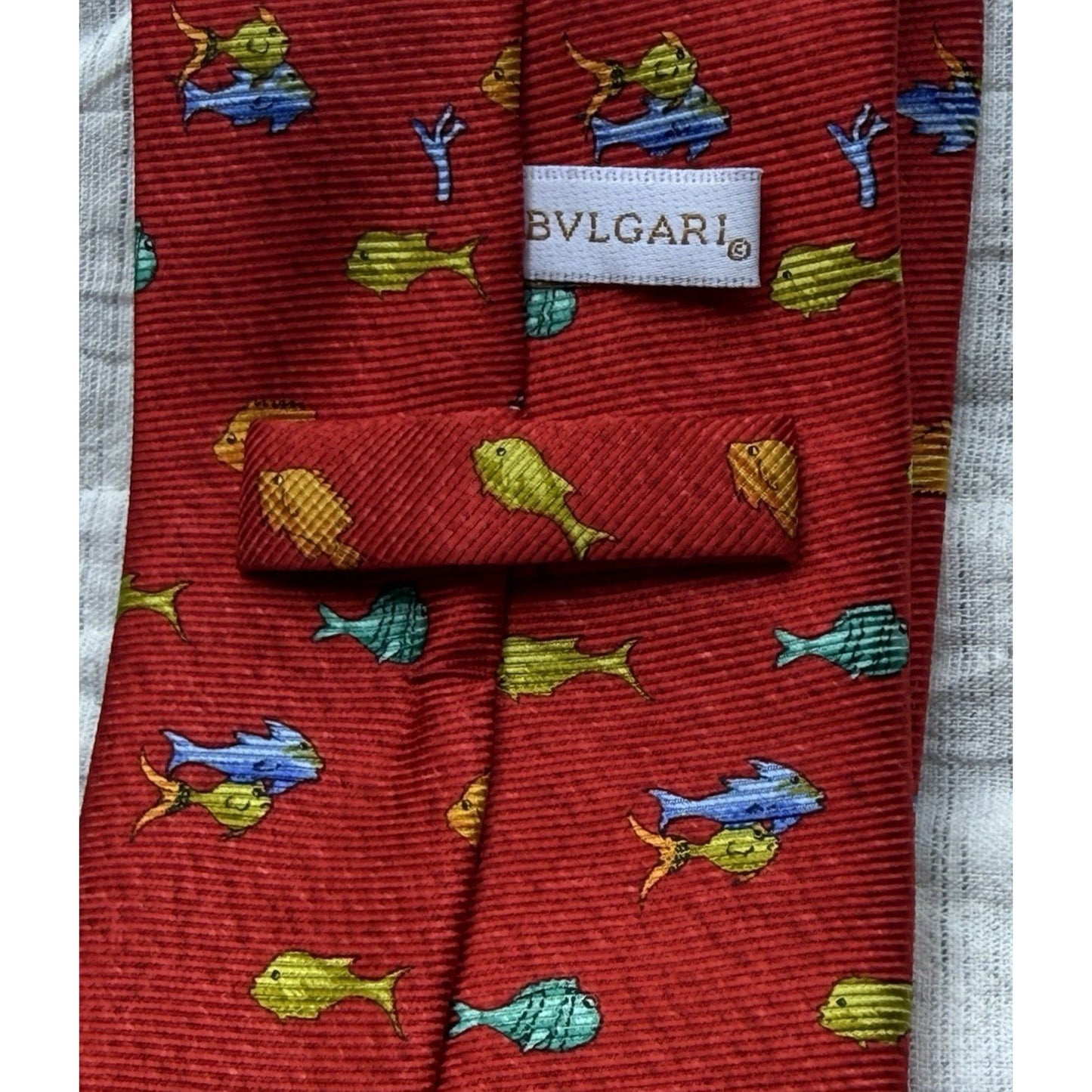 Bvlgari Red Silk 7 Fold Neck Tie with Yellow and Orange Fish Blue Dolphin Italy