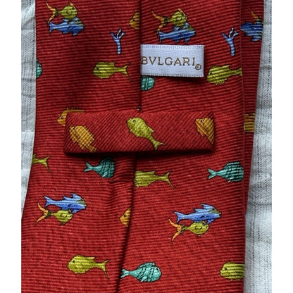 Bvlgari Red Silk 7 Fold Neck Tie with Yellow and Orange Fish Blue Dolphin Italy