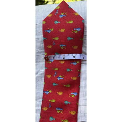 Bvlgari Red Silk 7 Fold Neck Tie with Yellow and Orange Fish Blue Dolphin Italy