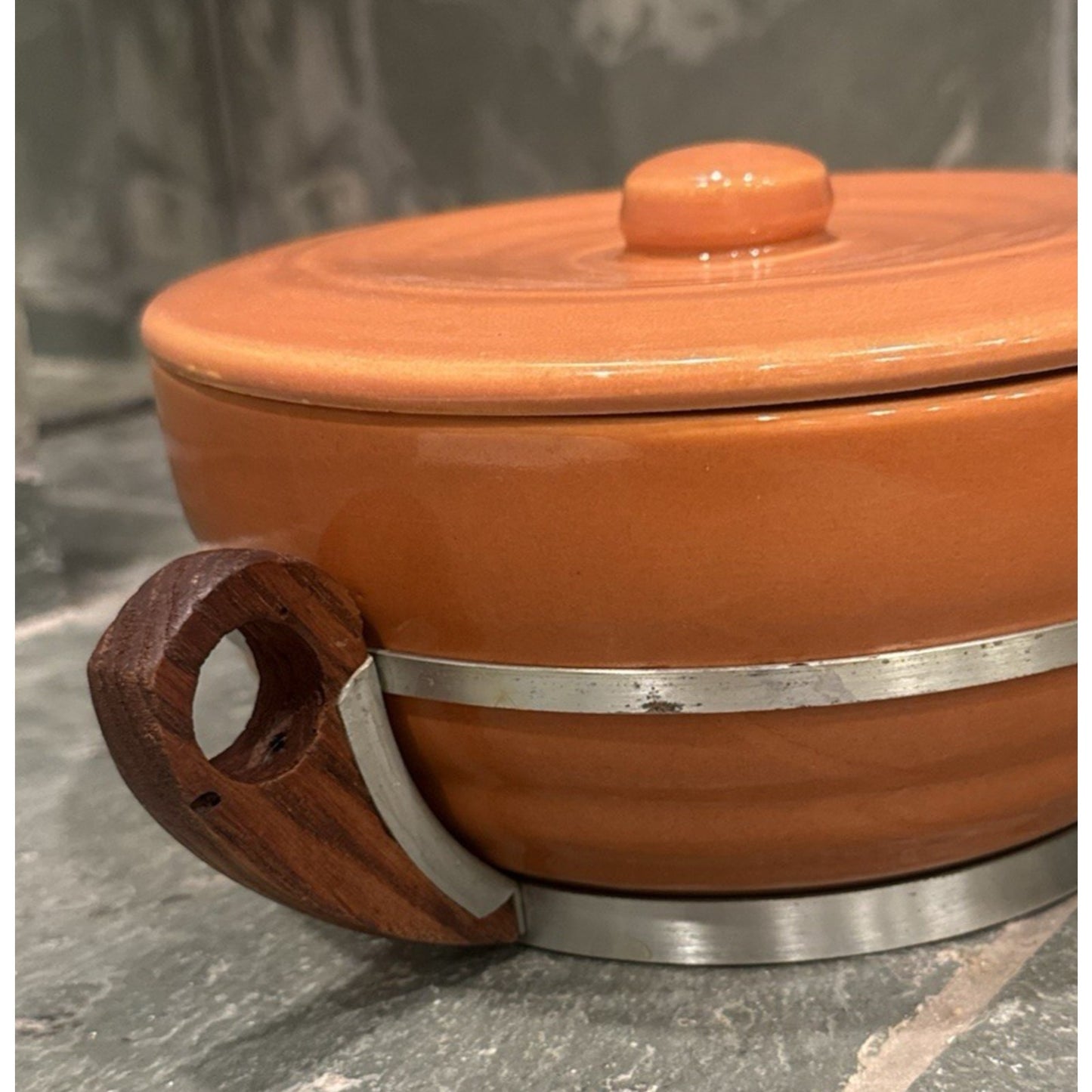 Vintage Bauer Pottery GPK Orange Rust Casserole No 3 Dish Lid Wood Handle 8”