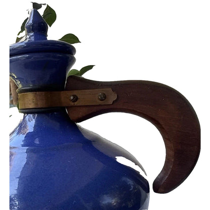 Vintage Bauer Pottery Plainware Blue Coffee Carafe Pitcher Wood Handle Lid MCM