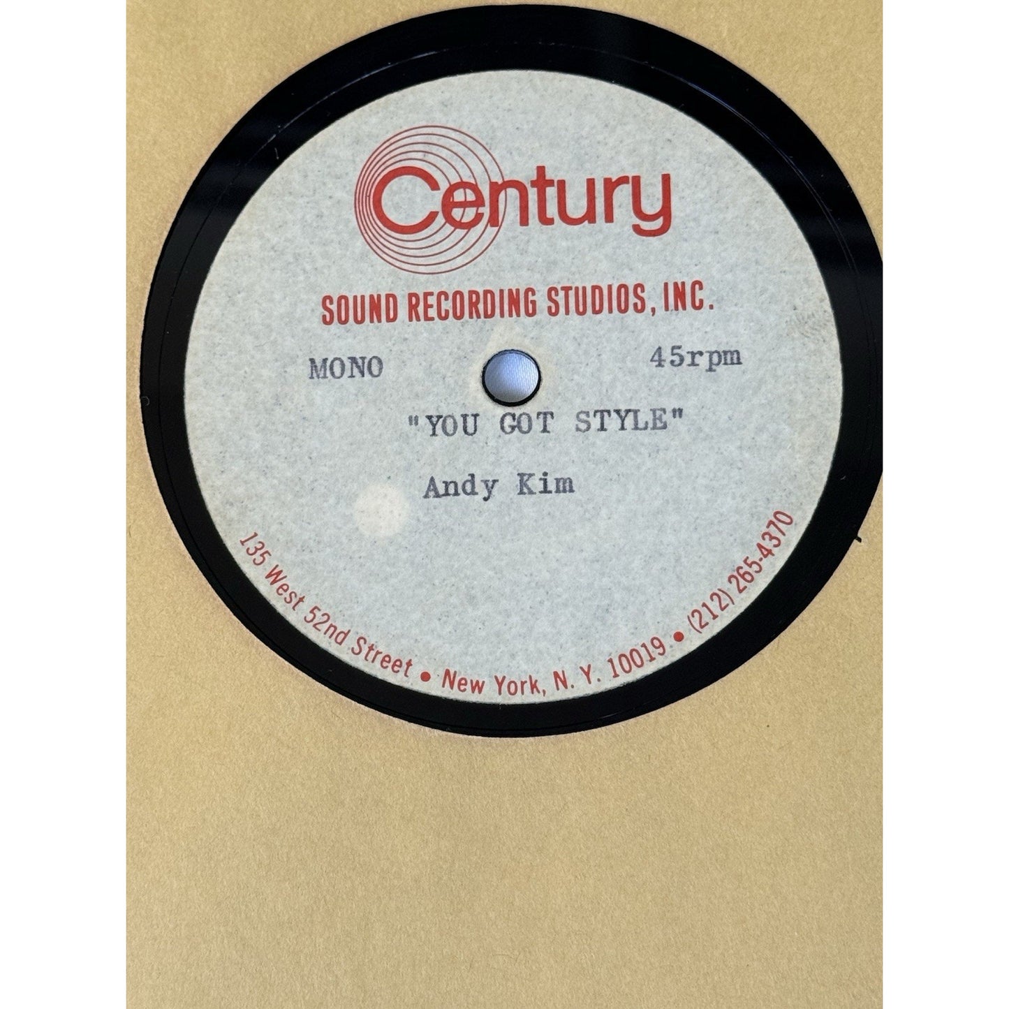 Andy Kim You Girl 1969 Acetate Test Pressing 45 RPM Sound Studios Jeff Barry