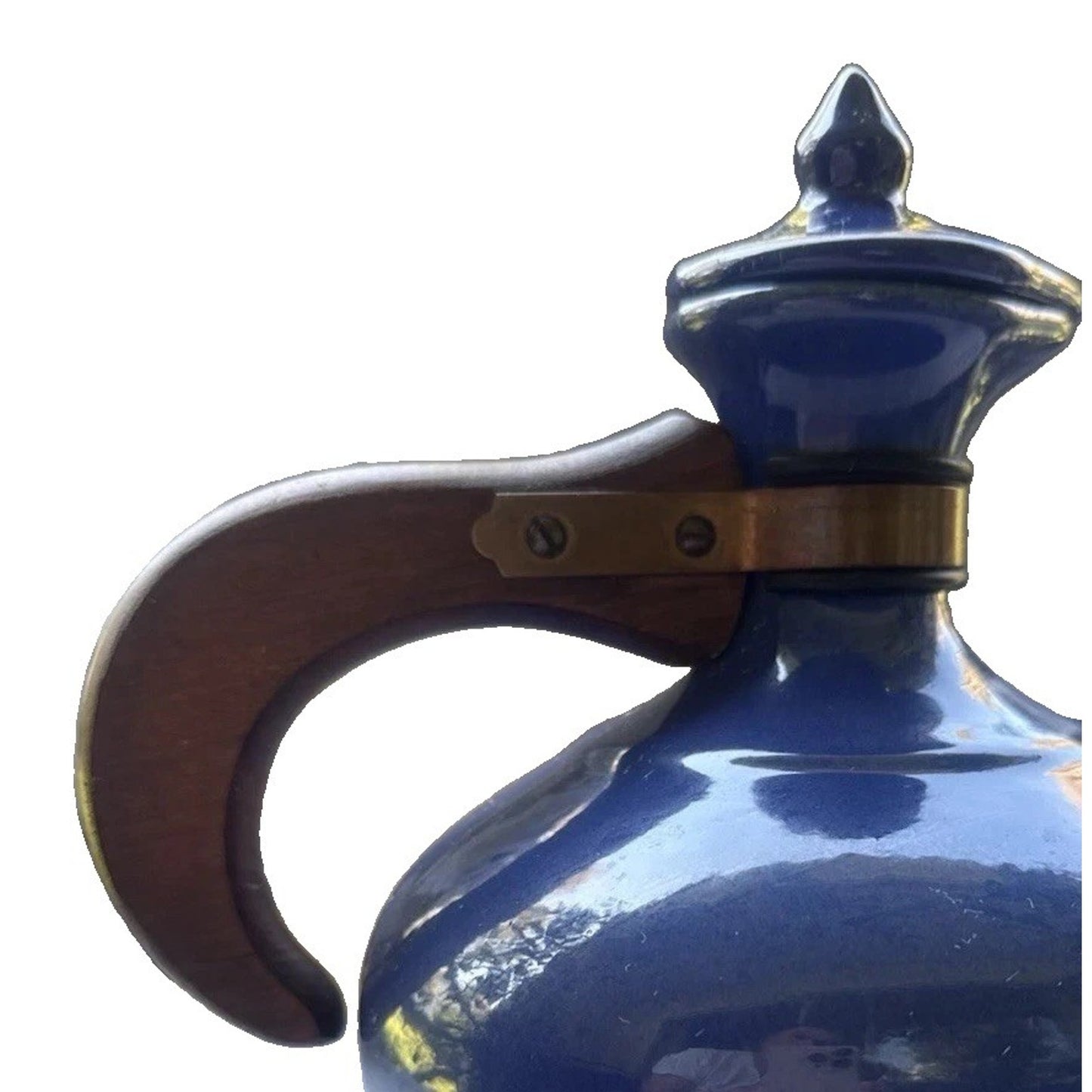 Vintage Bauer Pottery Plainware Blue Coffee Carafe Pitcher Wood Handle Lid MCM