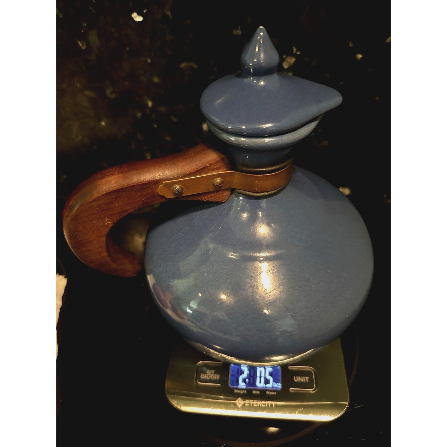 Vintage Bauer Pottery Plainware Blue Coffee Carafe Pitcher Wood Handle Lid MCM