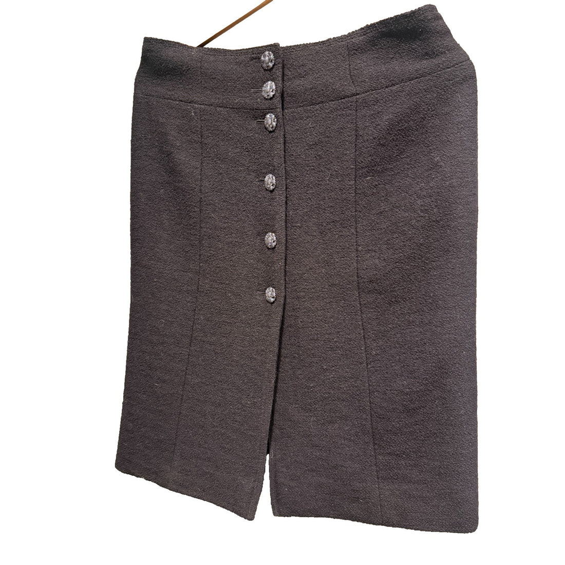 CHANEL Black Boucle Wool Skirt Crystal Rhinestone Buttons France Size 46