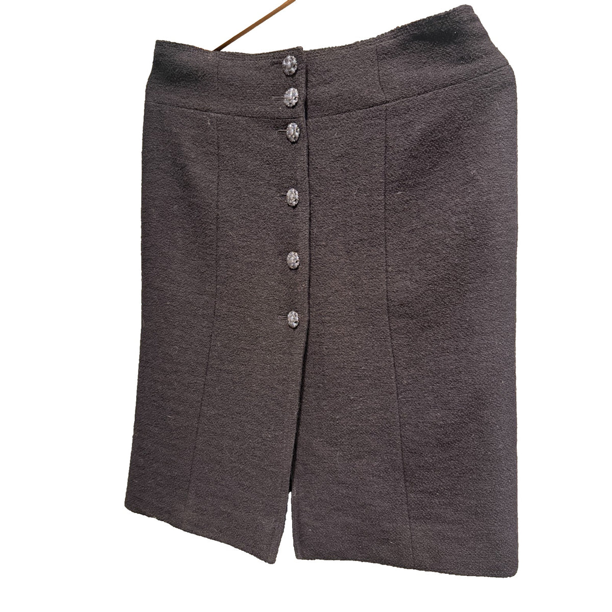 CHANEL Black Boucle Wool Skirt Crystal Rhinestone Buttons France Size 46