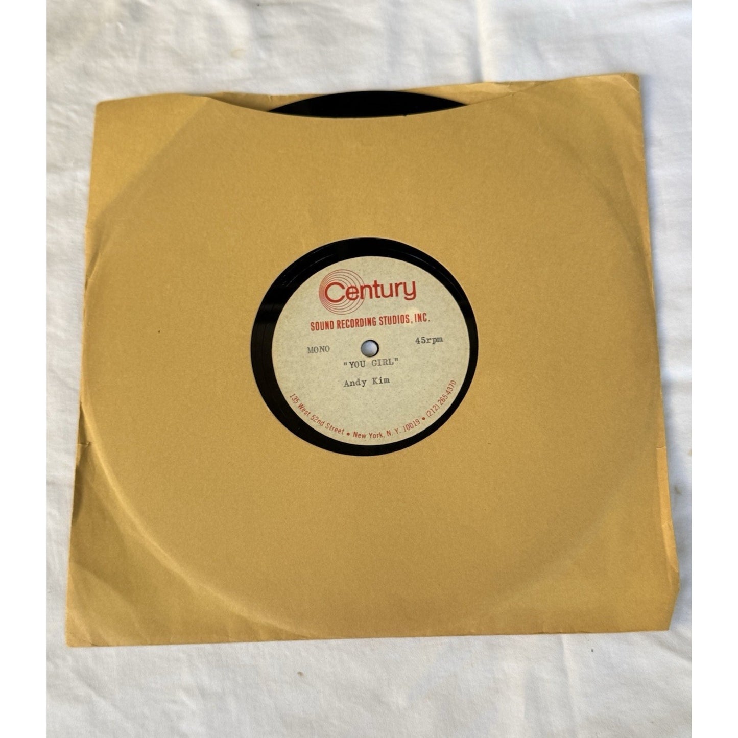 Andy Kim You Girl 1969 Acetate Test Pressing 45 RPM Sound Studios Jeff Barry