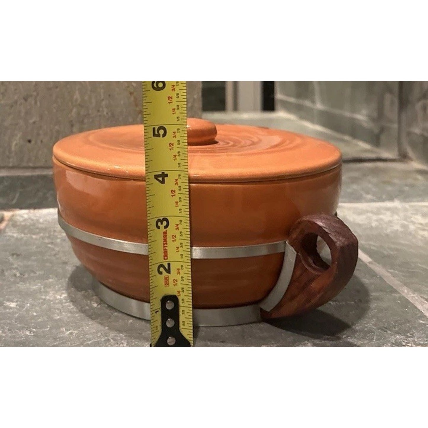 Vintage Bauer Pottery GPK Orange Rust Casserole No 3 Dish Lid Wood Handle 8”