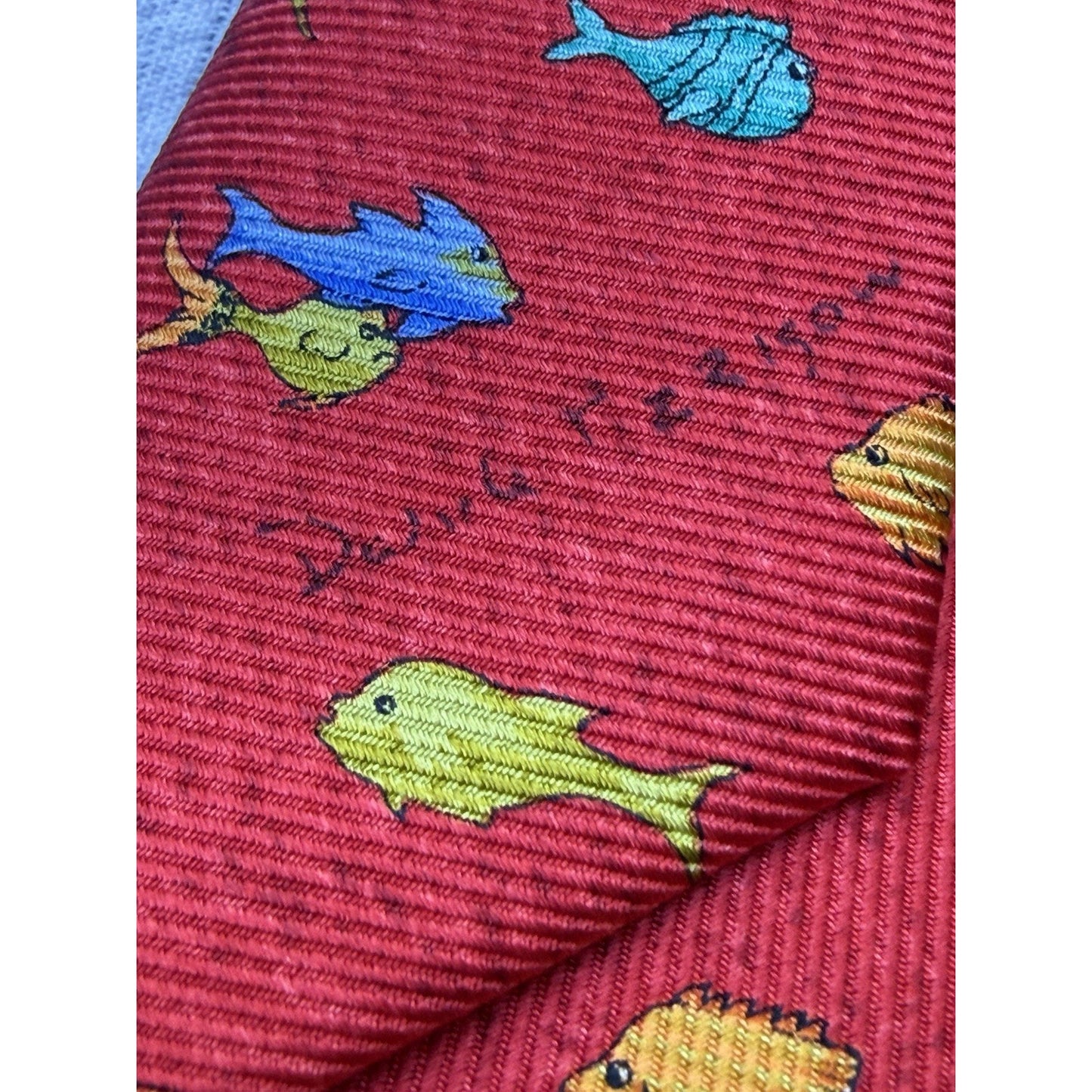 Bvlgari Red Silk 7 Fold Neck Tie with Yellow and Orange Fish Blue Dolphin Italy