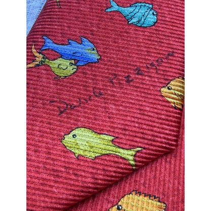 Bvlgari Red Silk 7 Fold Neck Tie with Yellow and Orange Fish Blue Dolphin Italy