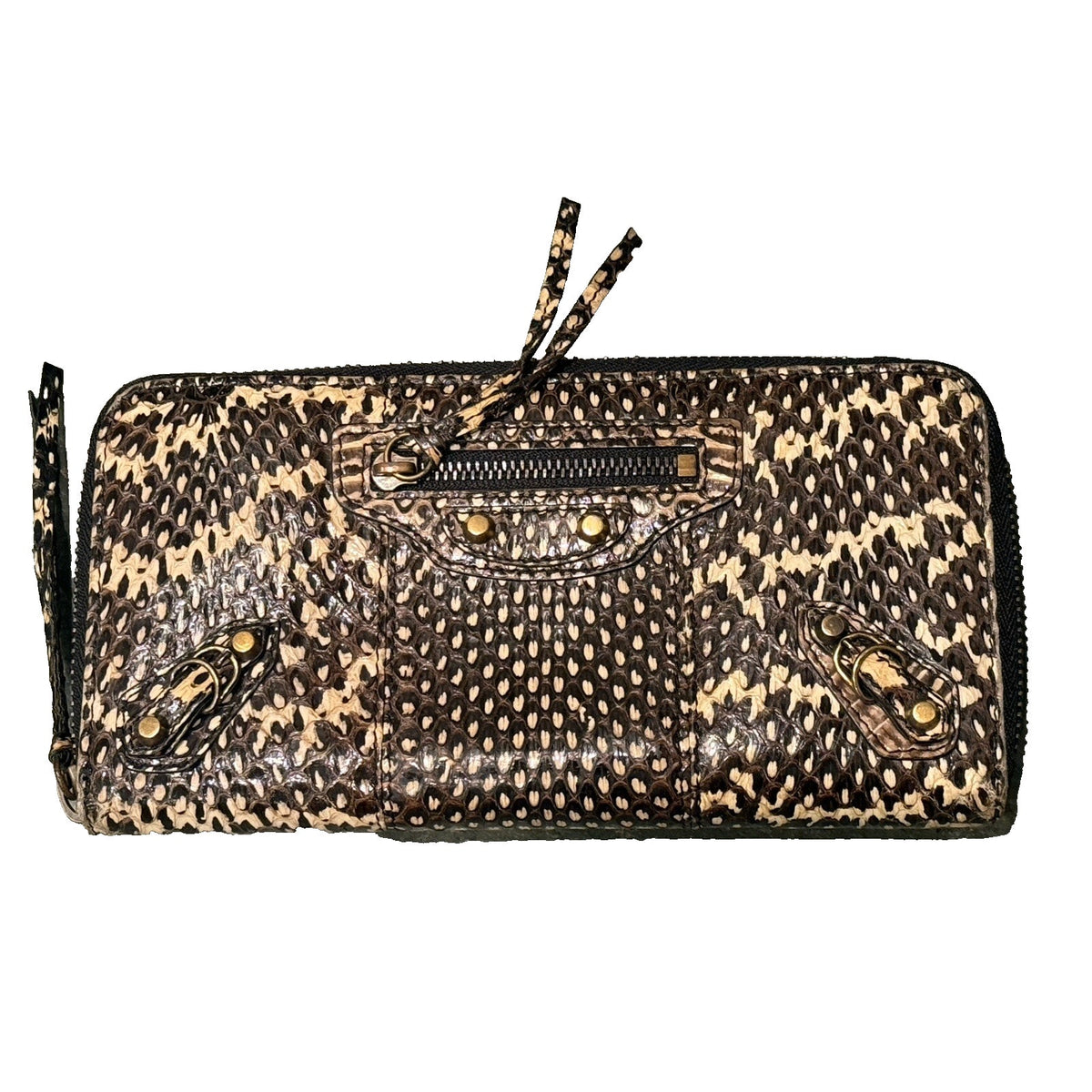 Balenciaga Classic Moto Zip Around Long Wallet Genuine Python Snakeskin Clutch