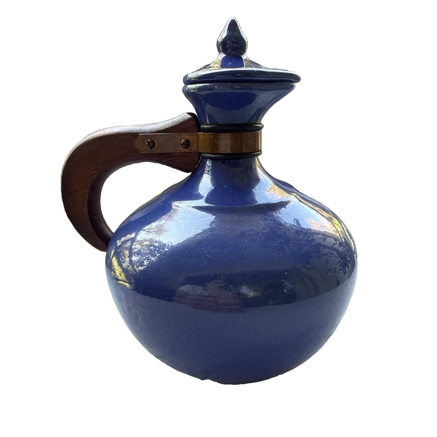 Vintage Bauer Pottery Plainware Blue Coffee Carafe Pitcher Wood Handle Lid MCM