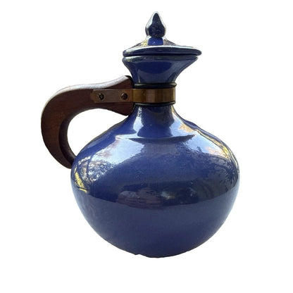 Vintage Bauer Pottery Plainware Blue Coffee Carafe Pitcher Wood Handle Lid MCM