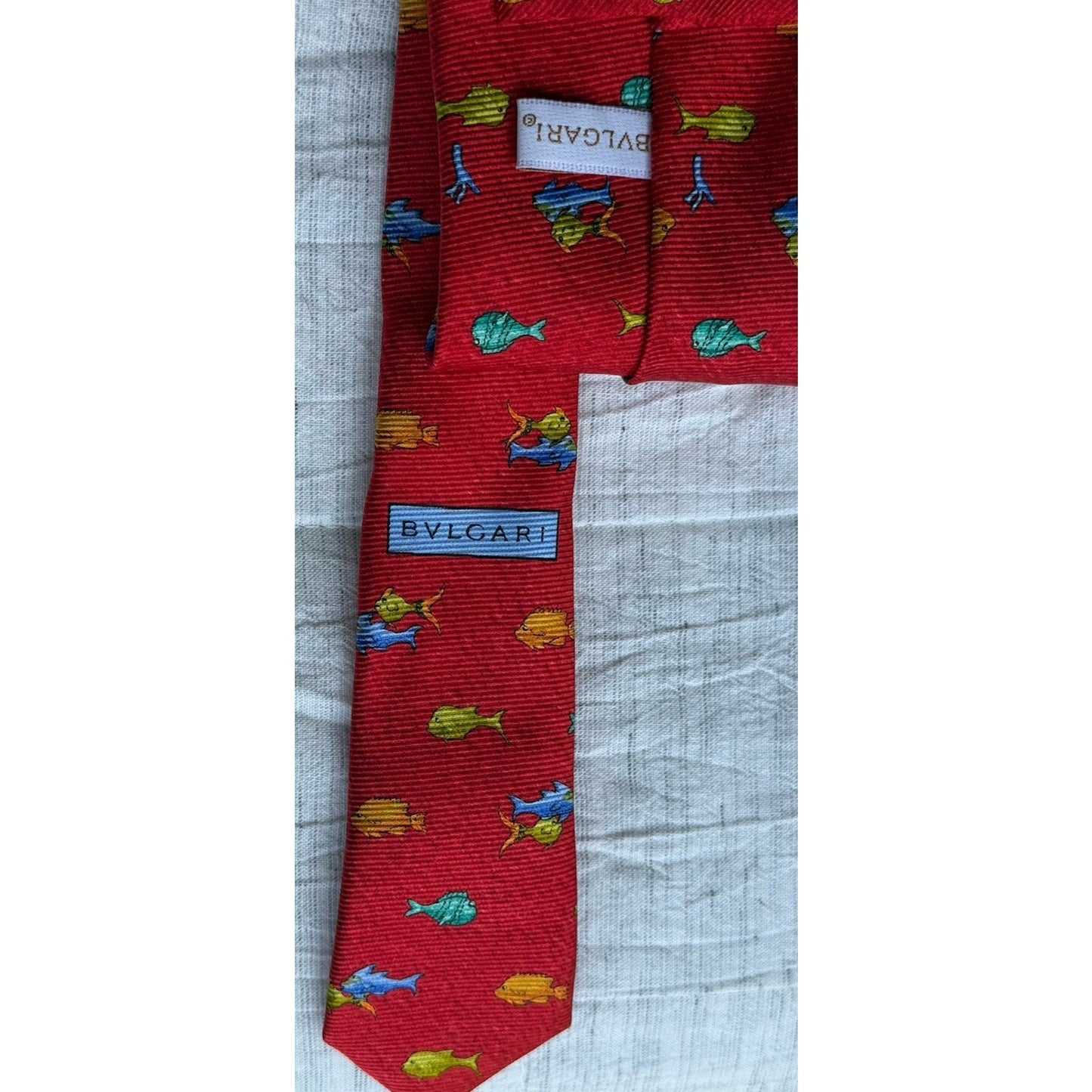 Bvlgari Red Silk 7 Fold Neck Tie with Yellow and Orange Fish Blue Dolphin Italy