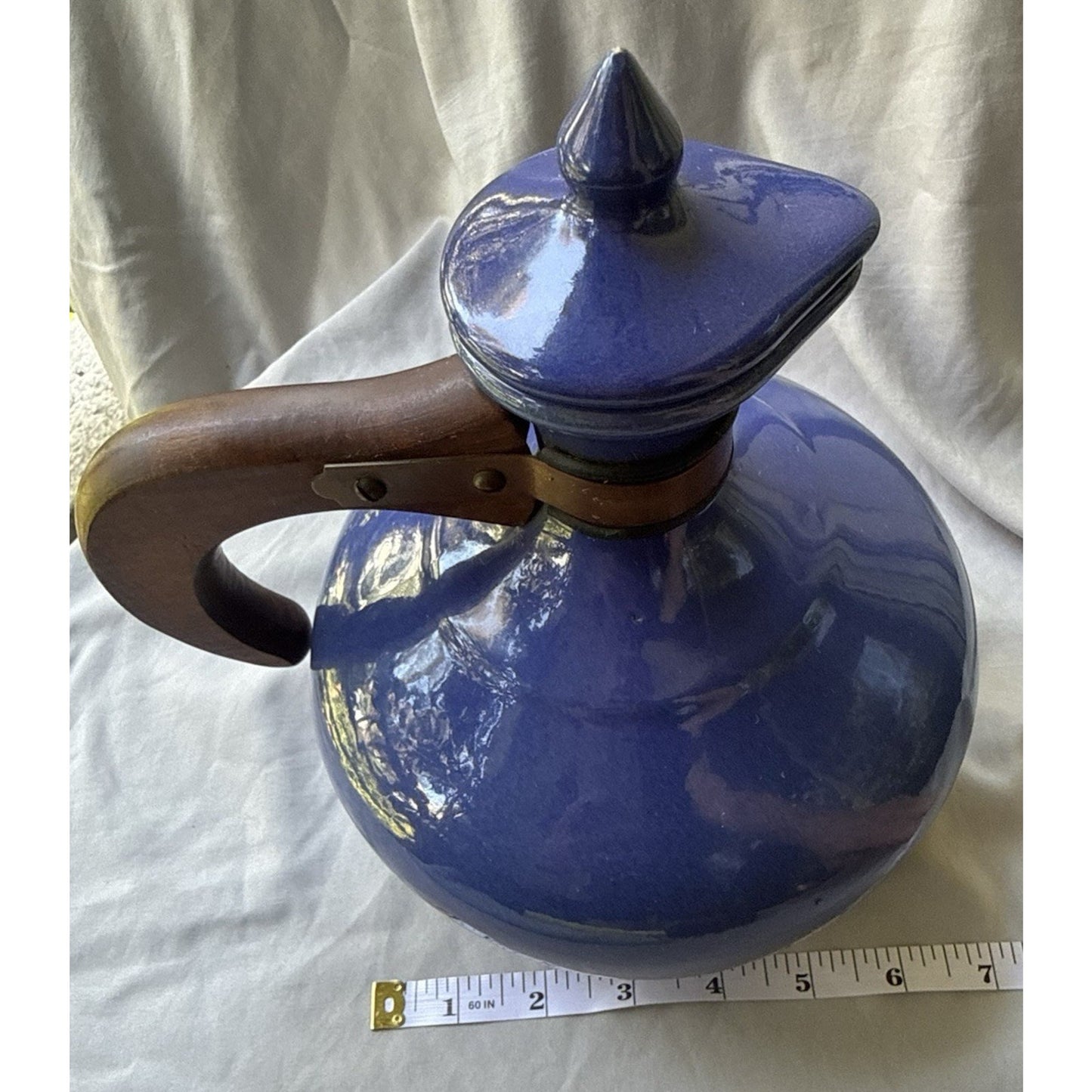Vintage Bauer Pottery Plainware Blue Coffee Carafe Pitcher Wood Handle Lid MCM