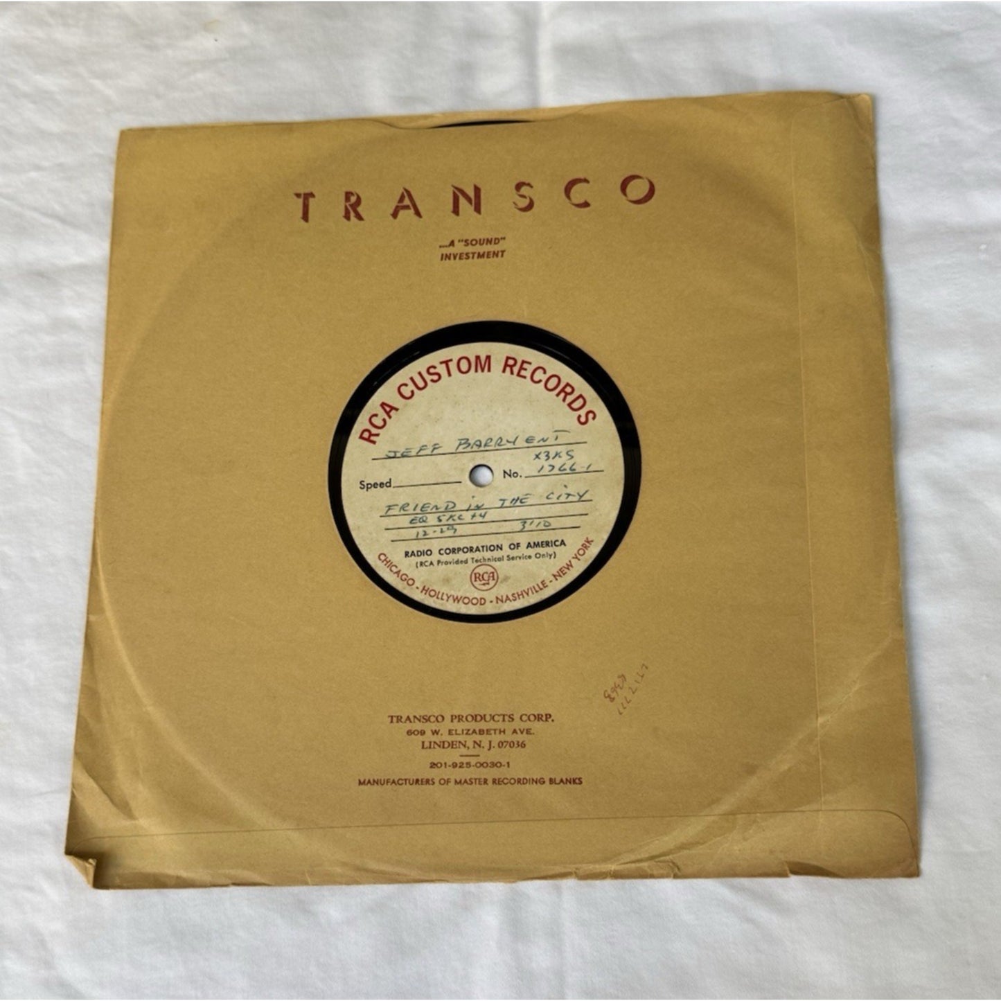 Jeff Barry Ent Friend in the City 1969 Acetate Test Pressing 45 RPM RCA Custom