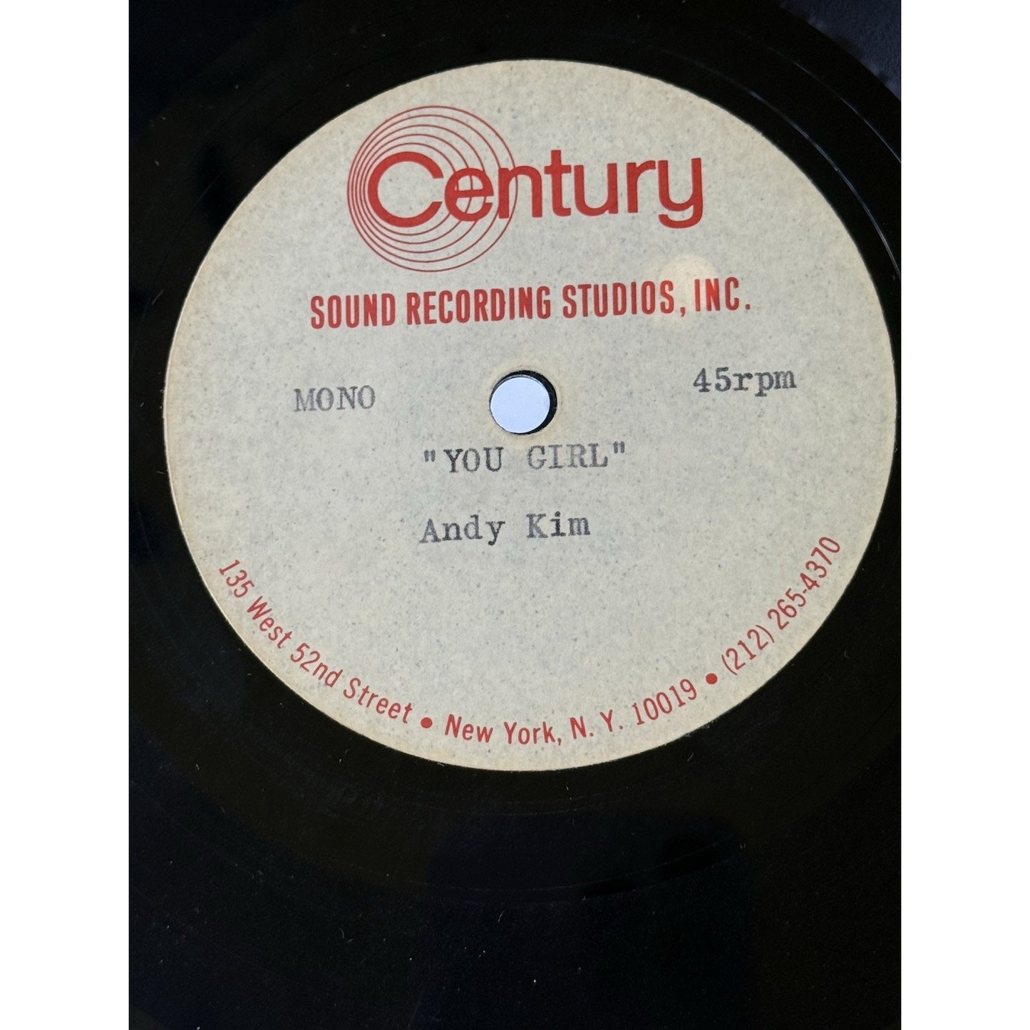 Andy Kim You Girl 1969 Acetate Test Pressing 45 RPM Sound Studios Jeff Barry
