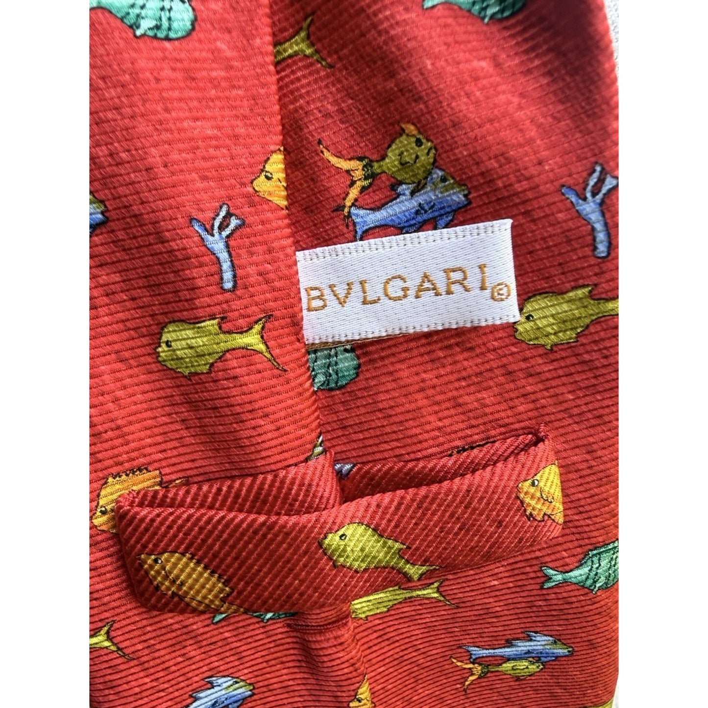 Bvlgari Red Silk 7 Fold Neck Tie with Yellow and Orange Fish Blue Dolphin Italy