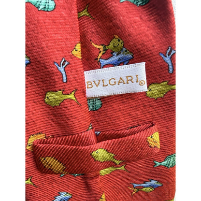 Bvlgari Red Silk 7 Fold Neck Tie with Yellow and Orange Fish Blue Dolphin Italy